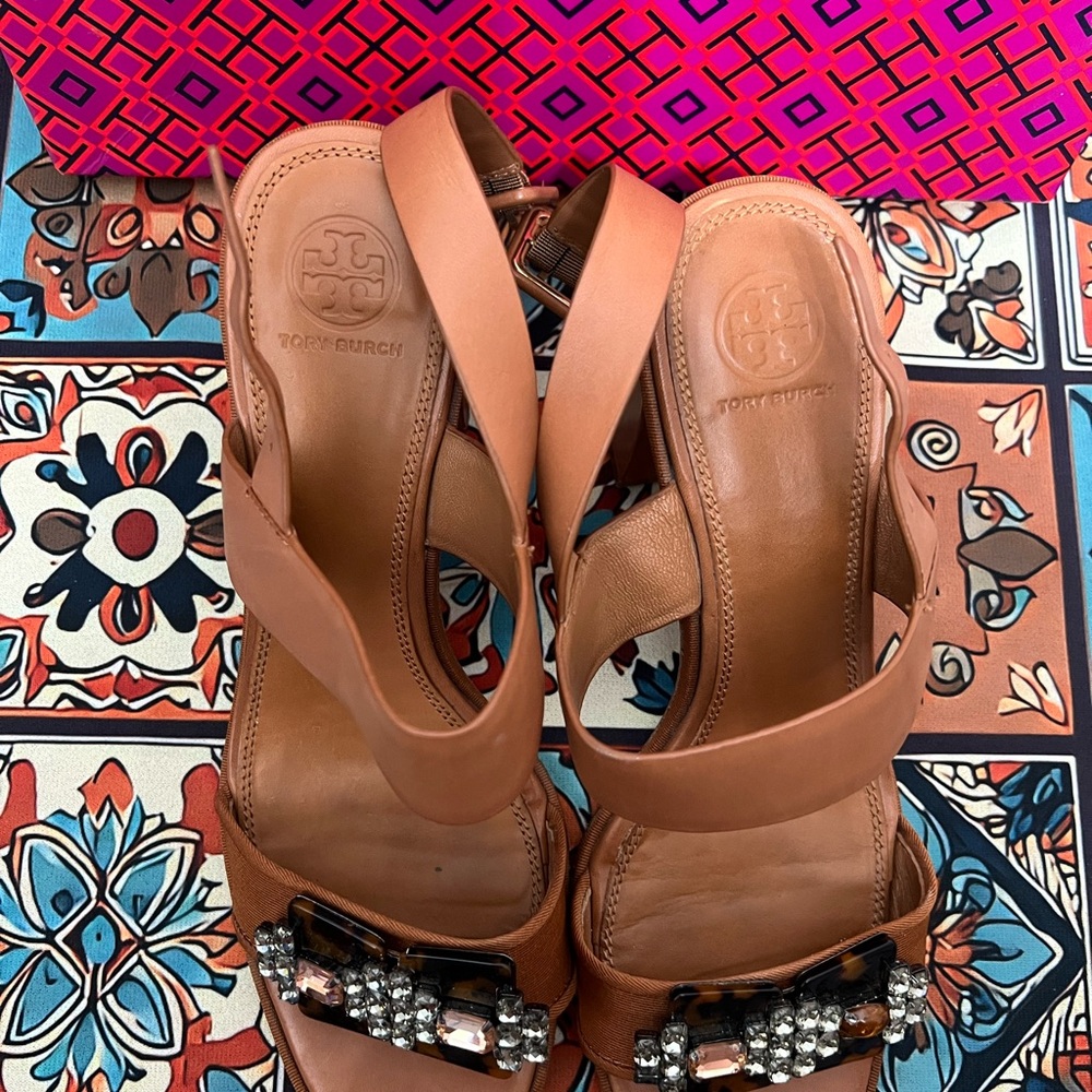 Tory Burch Tan Leather Jeweled Slingbacks